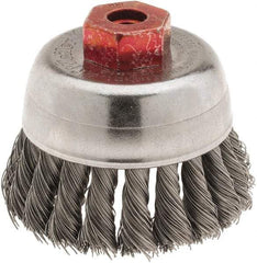 Weiler - 2-3/4" Diam, M10x1.50 Threaded Arbor, Steel Fill Cup Brush - 0.014 Wire Diam, 7/8" Trim Length, 14,000 Max RPM - Strong Tooling