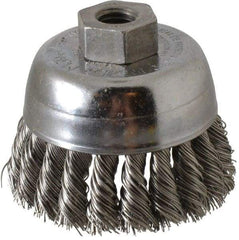 Weiler - 2-3/4" Diam, 1/2-13 Threaded Arbor, Stainless Steel Fill Cup Brush - 0.02 Wire Diam, 7/8" Trim Length, 14,000 Max RPM - Strong Tooling