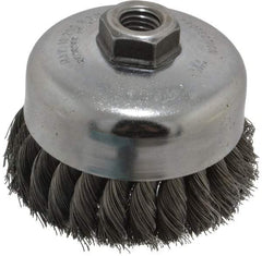 Weiler - 4" Diam, 5/8-11 Threaded Arbor, Steel Fill Cup Brush - 0.014 Wire Diam, 1-1/4" Trim Length, 9,000 Max RPM - Strong Tooling