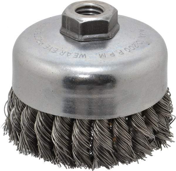 Weiler - 4" Diam, 5/8-11 Threaded Arbor, Steel Fill Cup Brush - 0.023 Wire Diam, 1-1/4" Trim Length, 9,000 Max RPM - Strong Tooling