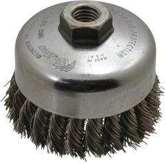 Weiler - 4" Diam, 5/8-11 Threaded Arbor, Stainless Steel Fill Cup Brush - 0.023 Wire Diam, 1-1/4" Trim Length, 9,000 Max RPM - Strong Tooling