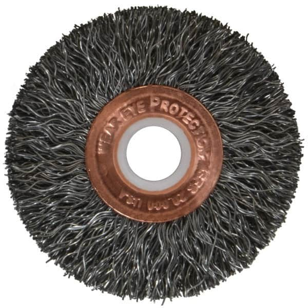 Weiler - 2" OD, 1/2" Arbor Hole, Crimped Steel Wheel Brush - 3/8" Face Width, 1/2" Trim Length, 0.0118" Filament Diam, 20,000 RPM - Strong Tooling