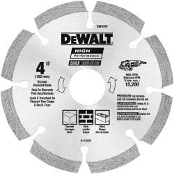 DeWALT - 4" Diam, 5/8 & 7/8" Arbor Hole Diam, 8 Tooth Wet & Dry Cut Saw Blade - Diamond-Tipped, Straight Action, Standard Round Arbor - Strong Tooling