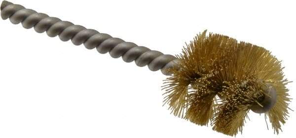 Made in USA - 1" Diam Helical Brass Tube Brush - Single Spiral, 0.008" Filament Diam, 1" Brush Length, 3-1/2" OAL, 0.248" Diam Stainless Steel Shank - Strong Tooling