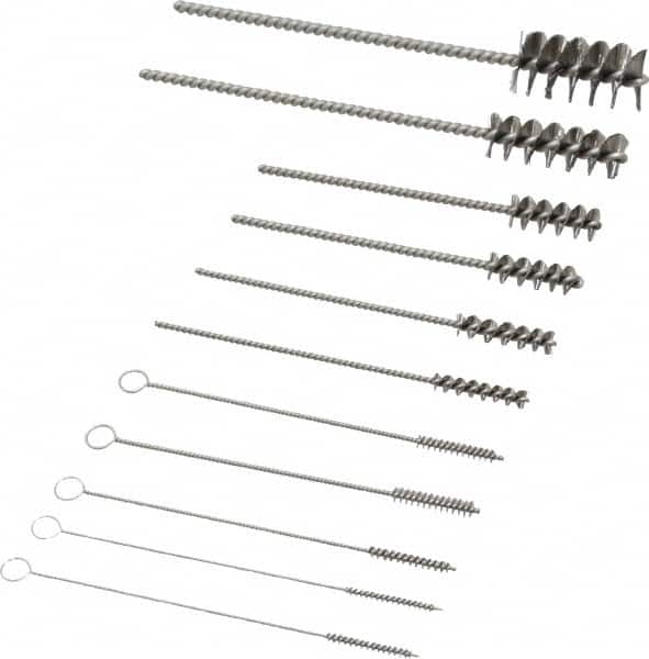 PRO-SOURCE - 11 Piece Stainless Steel Hand Tube Brush Set - 3/4" to 1-1/2" Brush Length, 4" OAL, 0.034" Shank Diam, Includes Brush Diams 1/4", 5/16", 3/8", 1/2" & 3/4" - Strong Tooling