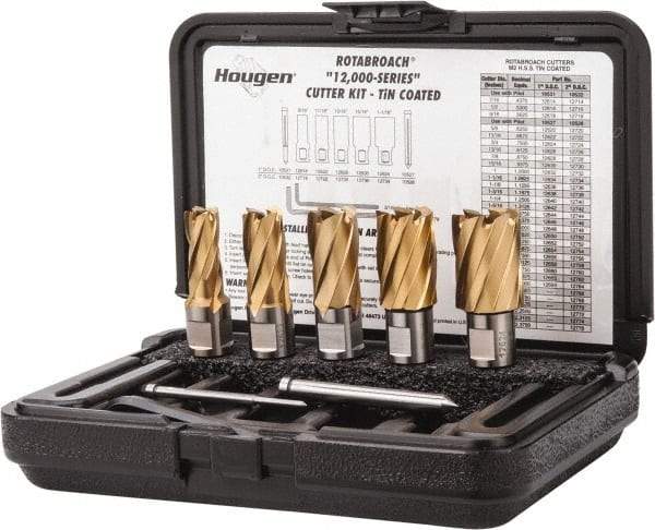 Hougen - 8 Piece, 9/16 to 1-1/16" Cutter Diam, 1" Cutting Depth, High Speed Steel Annular Cutter Set - TiN Finish, 3/4" Shank Diam, 9/16, 11/16, 13/16, 15/16, 1-1/16" Cutter Diams, 2 Flats on Shank - Strong Tooling