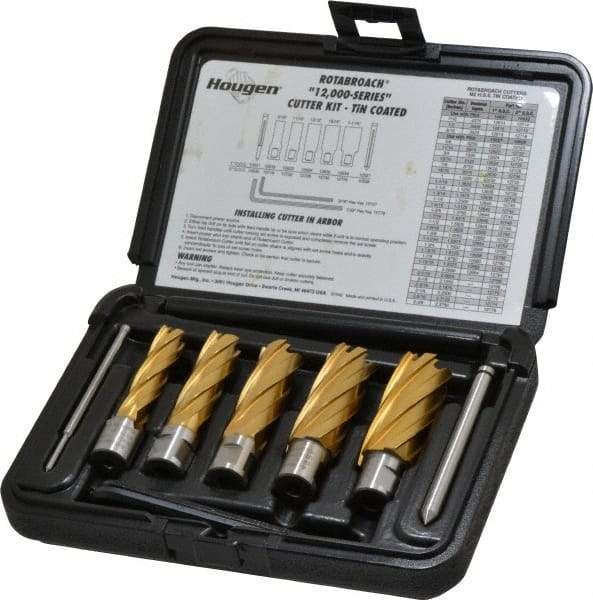 Hougen - 9 Piece, 9/16 to 1-1/16" Cutter Diam, 2" Cutting Depth, High Speed Steel Annular Cutter Set - TiN Finish, 3/4" Shank Diam, 9/16, 11/16, 13/16, 15/16, 1-1/16" Cutter Diams, 2 Flats on Shank - Strong Tooling