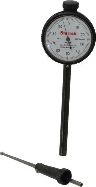 Starrett - 0.2 Inch Range, 0.001 Inch Dial Graduation, Dial Test Indicator - 1-11/16 Inch White Dial, 0-100 Dial Reading - Strong Tooling