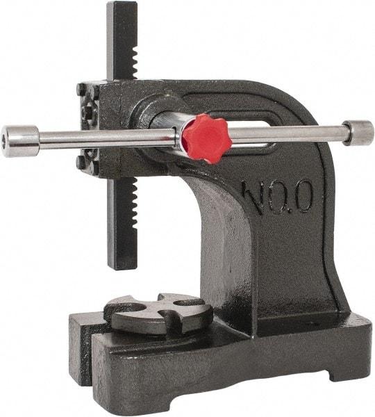 Palmgren - 3/4" Ram, 3-3/4" Throat Depth, 1/2 Ton Manual Arbor Press - 4-1/2" Max Work Height x 7-1/2" Max Work Width, Single Leverage, 5-1/8" Base Width x 9-3/8" Base Depth - Strong Tooling