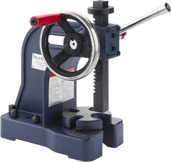 Palmgren - 1" Ram, 4" Throat Depth, 1 Ton Manual Arbor Press - 5-1/2" Max Work Height x 8" Max Work Width, Single Leverage, 5" Base Width x 10-1/2" Base Depth - Strong Tooling