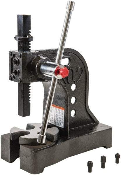 Palmgren - 1-1/4" Ram, 5-15/16" Throat Depth, 2 Ton Manual Arbor Press - 8" Max Work Height x 11-7/8" Max Work Width, Single Leverage, 6-1/2" Base Width x 16" Base Depth - Strong Tooling