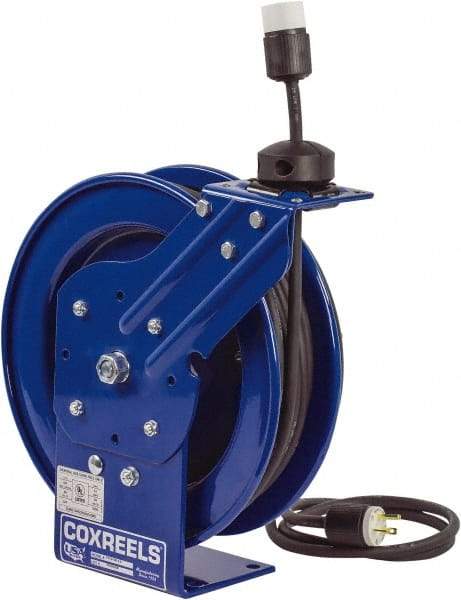 CoxReels - 16 AWG, 35' Cable Length, Cord & Cable Reel with Outlet End - 1 Outlet, NEMA 5-15R, 13 Amps, 115 Volts, SJO Cable, Blue Reel, Spring Driven Reel - Strong Tooling