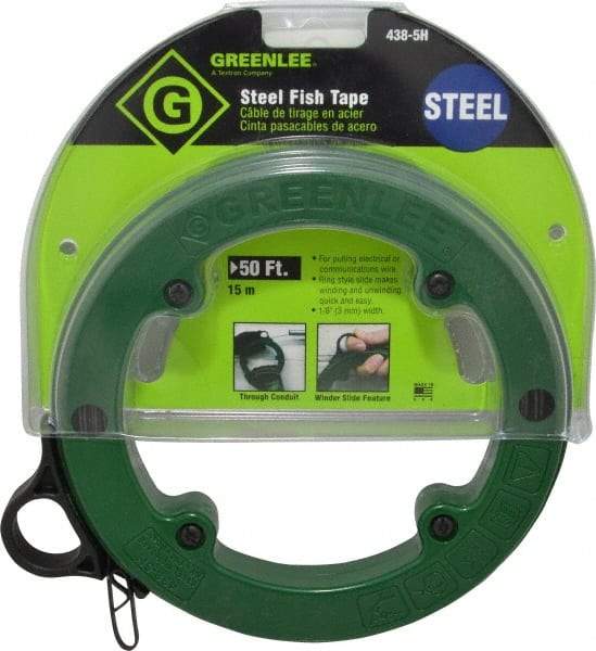 Greenlee - 50 Ft. Long x 1/8 Inch Wide, 3/64 Inch Thick, Steel Fish Tape - 400 Lb. Pulling Strength, Includes Case - Strong Tooling