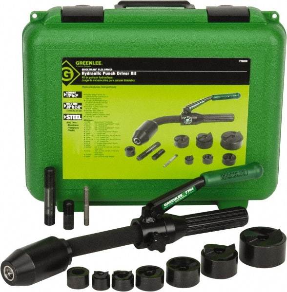 Greenlee - 11 Piece, 1/2 to 2" Punch Hole Diam, Hydraulic Punch Driver Kit - Round Punch, 10 Gage Mild Steel - Strong Tooling