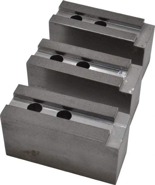 H & R Manufacturing - 15" Chuck Capacity, 1.5mm x 60° Serrated Attachment, Square Soft Lathe Chuck Jaw - 3 Jaws, Steel, 1.69" Btw Mount Hole Ctrs, 6-1/2" Long x 2-1/2" Wide x 3-1/2" High, 0.866" Groove, 20mm Fastener - Strong Tooling