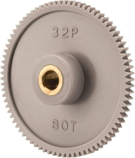 Made in USA - 32 Pitch, 2-1/2" Pitch Diam, 2-9/16" OD, 80 Tooth Spur Gear - 3/16" Face Width, 5/16" Bore Diam, 13/16" Hub Diam, 20° Pressure Angle, Acetal - Strong Tooling