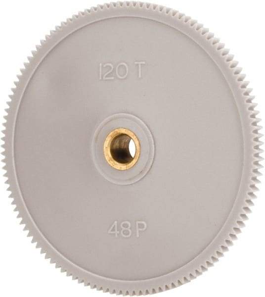 Made in USA - 48 Pitch, 2-1/2" Pitch Diam, 2.542" OD, 120 Tooth Spur Gear - 1/8" Face Width, 1/4" Bore Diam, 39/64" Hub Diam, 20° Pressure Angle, Acetal - Strong Tooling