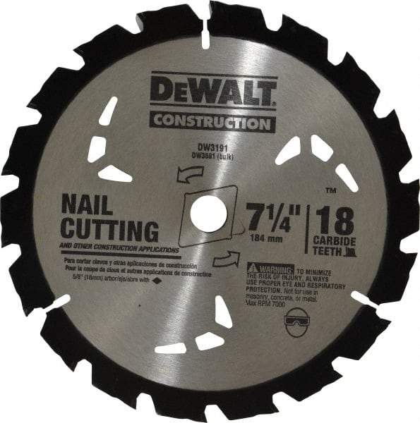 DeWALT - 7-1/4" Diam, 5/8" Arbor Hole Diam, 18 Tooth Wet & Dry Cut Saw Blade - Carbide-Tipped, General Purpose Action, Diamond Arbor - Strong Tooling