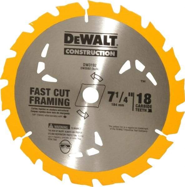 DeWALT - 7-1/4" Diam, 5/8" Arbor Hole Diam, 18 Tooth Wet & Dry Cut Saw Blade - Carbide-Tipped, General Purpose Action, Diamond Arbor - Strong Tooling