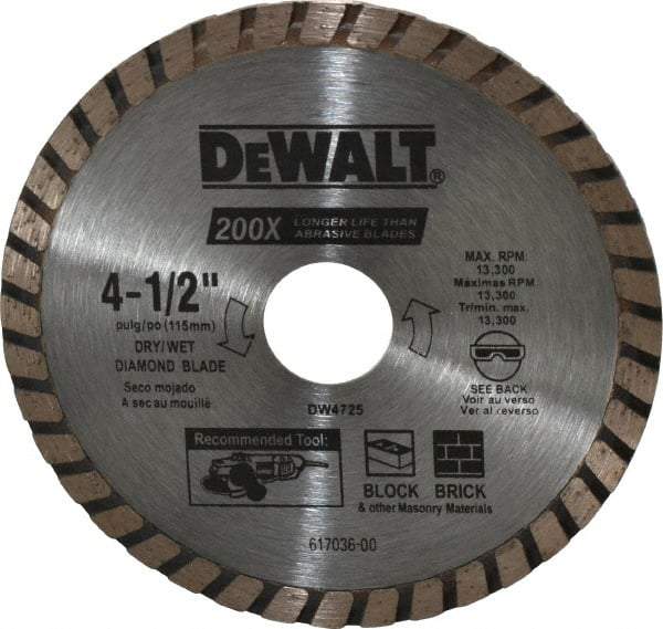 DeWALT - 4-1/2" Diam, 7/8" Arbor Hole Diam, Wet & Dry Cut Saw Blade - Diamond-Tipped, Standard Round Arbor - Strong Tooling