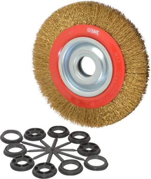 Value Collection - 8" OD, 1-1/4" Arbor Hole, Crimped Brass-Coated Steel Wheel Brush - 3/4" Face Width, 1-11/32" Trim Length, 0.014" Filament Diam, 4,500 RPM - Strong Tooling