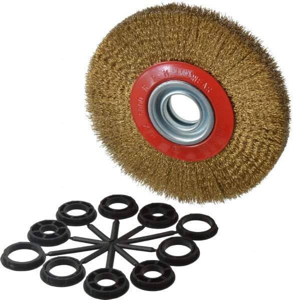 Value Collection - 7" OD, 1-1/4" Arbor Hole, Crimped Brass-Coated Steel Wheel Brush - 1" Face Width, 1-1/2" Trim Length, 0.012" Filament Diam, 6,000 RPM - Strong Tooling