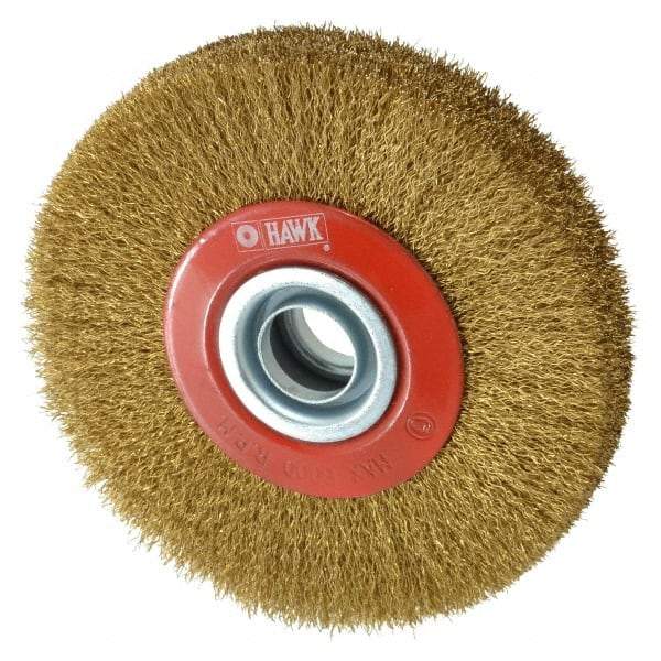 Value Collection - 5" OD, 3/4" Arbor Hole, Crimped Brass-Coated Steel Wheel Brush - 1" Face Width, 1-3/32" Trim Length, 0.007" Filament Diam, 6,000 RPM - Strong Tooling