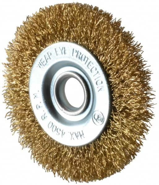 Value Collection - 3" OD, 1/2" Arbor Hole, Crimped Brass-Coated Steel Wheel Brush - 3/8" Face Width, 5/8" Trim Length, 0.012" Filament Diam, 4,500 RPM - Strong Tooling