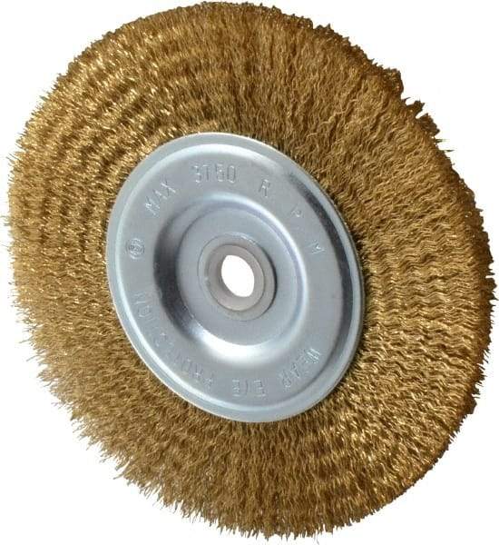 Value Collection - 6" OD, 5/8" Arbor Hole, Crimped Brass-Coated Steel Wheel Brush - 1/2" Face Width, 1-3/8" Trim Length, 0.012" Filament Diam, 3,750 RPM - Strong Tooling