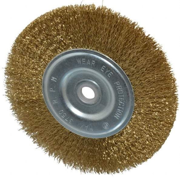 Value Collection - 6" OD, 5/8" Arbor Hole, Crimped Brass-Coated Steel Wheel Brush - 11/16" Face Width, 1-3/8" Trim Length, 0.012" Filament Diam, 6,000 RPM - Strong Tooling