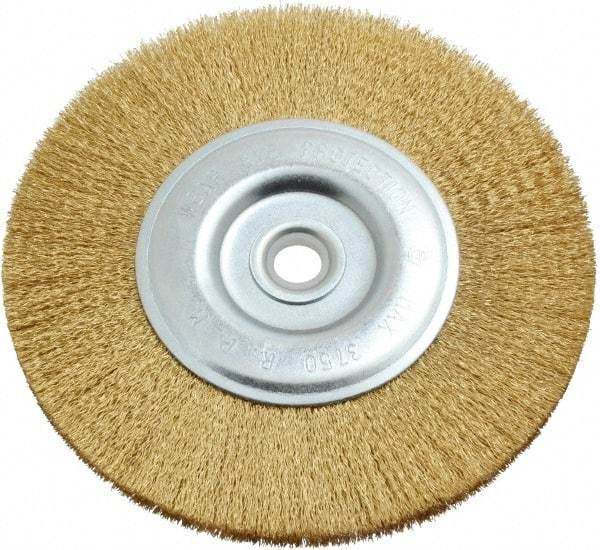 Value Collection - 6" OD, 5/8" Arbor Hole, Crimped Brass-Coated Steel Wheel Brush - 11/16" Face Width, 1-3/8" Trim Length, 0.012" Filament Diam, 3,750 RPM - Strong Tooling