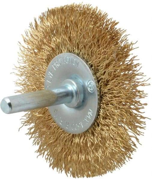 Value Collection - 2-1/2" OD, 1/4" Shank Diam, Crimped Brass-Coated Steel Wheel Brush - 11/32" Face Width, 1/2" Trim Length, 0.015" Filament Diam, 4,500 RPM - Strong Tooling