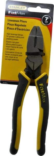 Stanley - 7-5/8" OAL, 1-1/2" Jaw Length x 1" Jaw Width, Side Cutting Linesman's Pliers - Serrated Jaw, Flat Nose Head, Bi-Material Cushion Grip Handles - Strong Tooling