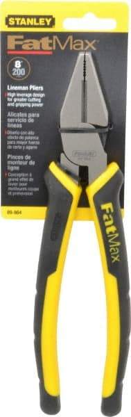 Stanley - 8-3/8" OAL, 1-1/2" Jaw Length x 1" Jaw Width, Side Cutting Linesman's Pliers - Serrated Jaw, Flat Nose Head, Bi-Material Cushion Grip Handles - Strong Tooling