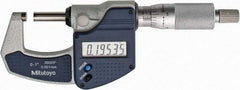 Mitutoyo - 0 to 1" Range, 0.0001" Resolution, Standard Throat, Electronic Outside Micrometer - 0.0001" Accuracy, Ratchet Stop Thimble, Carbide Face, SR44 Battery, Plastic Case, Includes NIST Traceable Certification of Inspection - Strong Tooling