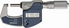 Mitutoyo - 0 to 1" Range, 0.0001" Resolution, Standard Throat, Electronic Outside Micrometer - 0.0001" Accuracy, Friction Thimble, Carbide Face, SR44 Battery, Plastic Case, Includes NIST Traceable Certification of Inspection - Strong Tooling