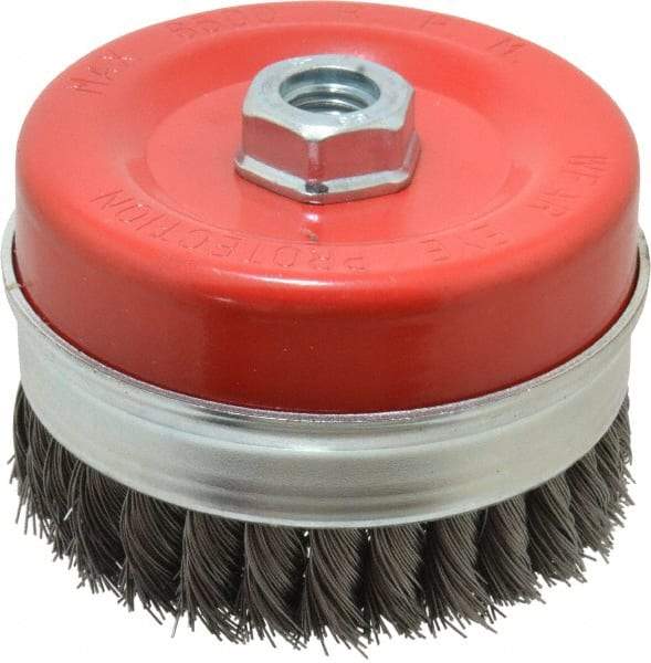 Value Collection - 4-3/8" Diam, 5/8-11 Threaded Arbor, Steel Fill Cup Brush - 0.02 Wire Diam, 6,500 Max RPM - Strong Tooling