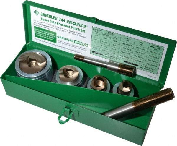 Greenlee - 7 Piece, 22.5 to 43.2mm Punch Hole Diam, Hydraulic Knockout Set - Round Punch, 10 Gage Mild Steel - Strong Tooling