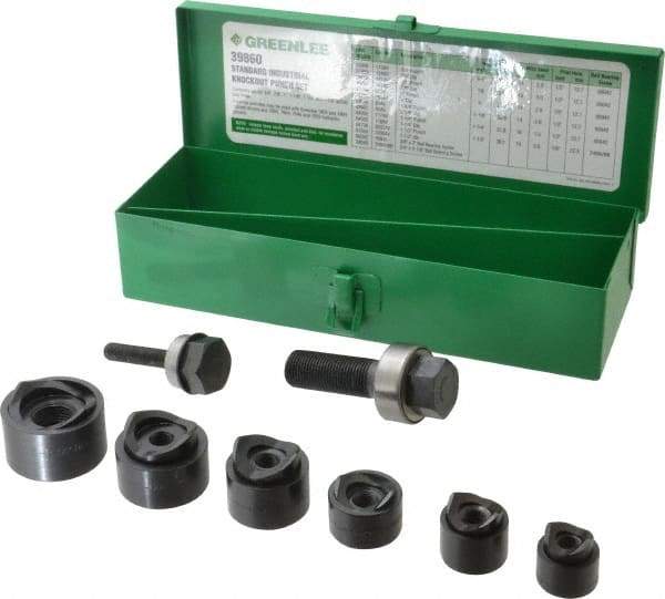 Greenlee - 15 Piece, 3/4 to 1-1/2" Punch Hole Diam, Manual Standard Punch Kit - Round Punch, 16 Gage Mild Steel - Strong Tooling