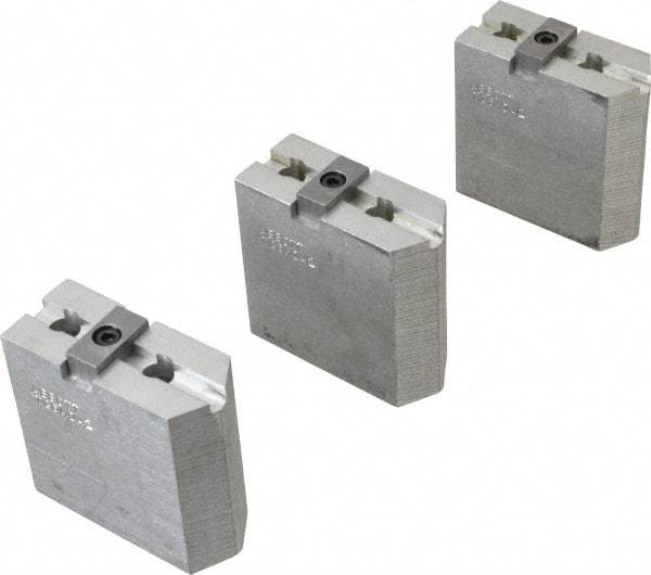 Abbott Workholding Products - 6" & Up Chuck Capacity, Tongue & Groove Attachment, Square Soft Lathe Chuck Jaw - 3 Jaws, Aluminum, 1-1/2" Btw Mount Hole Ctrs, 3" Long x 1-1/4" Wide x 3" High, 5/16" Groove, 3/8" Fastener - Strong Tooling