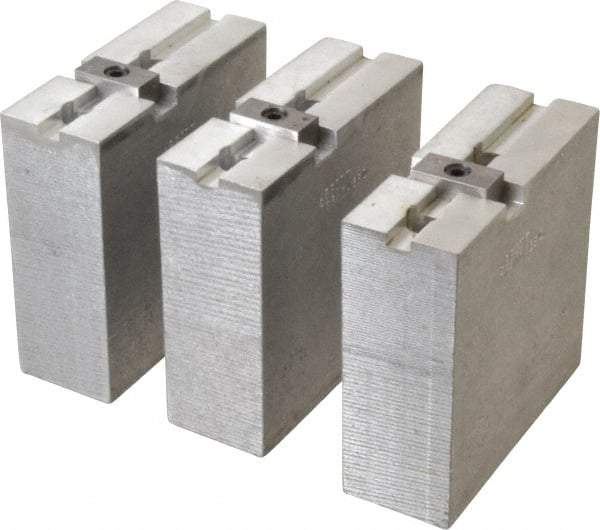 Abbott Workholding Products - 8" & Up Chuck Capacity, Tongue & Groove Attachment, Square Soft Lathe Chuck Jaw - 3 Jaws, Aluminum, 1-3/4" Btw Mount Hole Ctrs, 4" Long x 1-1/2" Wide x 4" High, 5/16" Groove, 3/8" Fastener - Strong Tooling