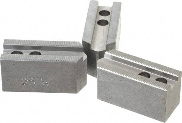 Abbott Workholding Products - 6-1/2" Chuck Capacity, 1/16" x 90 Serrated Attachment, Square Soft Lathe Chuck Jaw - 3 Jaws, Steel, 0.65" Btw Mount Hole Ctrs, 3" Long x 1-1/4" Wide x 1-1/2" High, 0.551" Groove, 0.3937" & 10mm Fastener - Strong Tooling