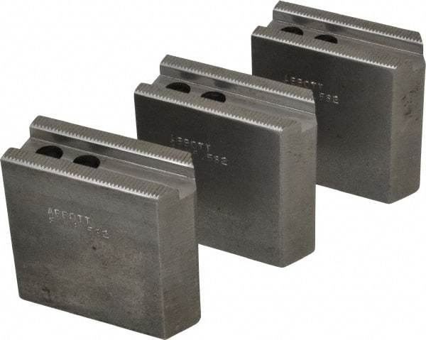 Abbott Workholding Products - 6-1/2" Chuck Capacity, 1/16" x 90 Serrated Attachment, Square Soft Lathe Chuck Jaw - 3 Jaws, Steel, 0.65" Btw Mount Hole Ctrs, 3" Long x 1-1/4" Wide x 3" High, 0.551" Groove, 0.3937" & 10mm Fastener - Strong Tooling