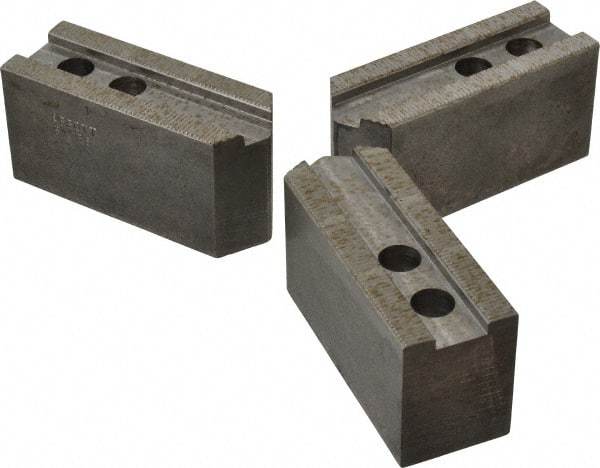 Abbott Workholding Products - 8" & Up Chuck Capacity, 1/16" x 90 Serrated Attachment, Square Soft Lathe Chuck Jaw - 3 Jaws, Steel, 29/32" Btw Mount Hole Ctrs, 4" Long x 1-1/2" Wide x 2" High, 0.669" Groove, 0.4724" & 12mm Fastener - Strong Tooling