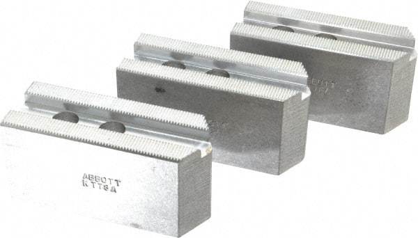 Abbott Workholding Products - 8" & Up Chuck Capacity, 1.5mm x 60° Serrated Attachment, Square Soft Lathe Chuck Jaw - 3 Jaws, Aluminum, 63/64" Btw Mount Hole Ctrs, 4" Long x 1-1/2" Wide x 2" High, 0.5512" Groove, 0.4724" & 12mm Fastener - Strong Tooling