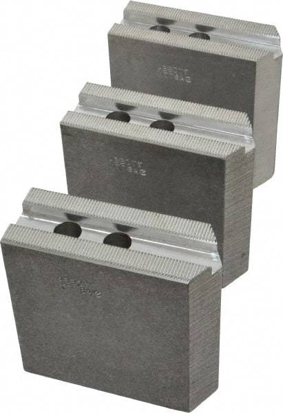 Abbott Workholding Products - 8" & Up Chuck Capacity, 1.5mm x 60° Serrated Attachment, Square Soft Lathe Chuck Jaw - 3 Jaws, Aluminum, 63/64" Btw Mount Hole Ctrs, 4" Long x 1-1/2" Wide x 4" High, 0.5512" Groove, 0.4724" & 12mm Fastener - Strong Tooling