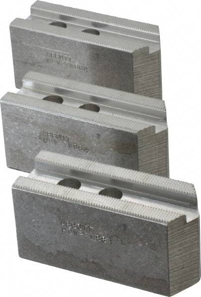 Abbott Workholding Products - 8" & Up Chuck Capacity, 1.5mm x 60° Serrated Attachment, Square Soft Lathe Chuck Jaw - 3 Jaws, Aluminum, 63/64" Btw Mount Hole Ctrs, 4" Long x 1-1/2" Wide x 2" High, 0.6299" Groove, 0.4724" & 12mm Fastener - Strong Tooling