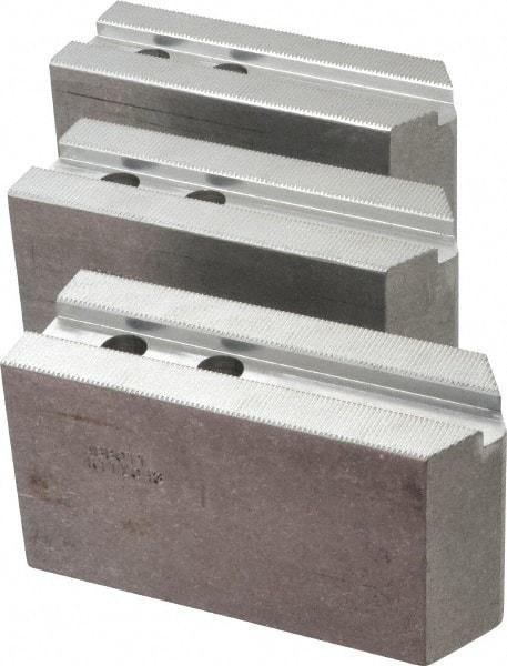 Abbott Workholding Products - 10" & Up Chuck Capacity, 1.5mm x 60° Serrated Attachment, Square Soft Lathe Chuck Jaw - 3 Jaws, Aluminum, 1.1811" Btw Mount Hole Ctrs, 5-1/2" Long x 2" Wide x 3" High, 0.6299" Groove, 0.4724" & 12mm Fastener - Strong Tooling