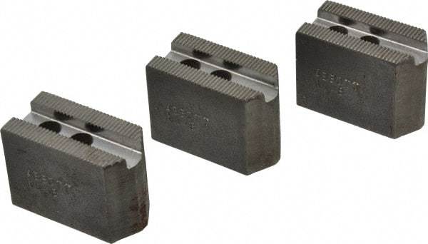 Abbott Workholding Products - 4" & Up Chuck Capacity, 1.5mm x 60° Serrated Attachment, Square Soft Lathe Chuck Jaw - 3 Jaws, Steel, 0.5512" Btw Mount Hole Ctrs, 2" Long x 1" Wide x 1-1/2" High, 0.3937" Groove, 0.315" & 8mm Fastener - Strong Tooling