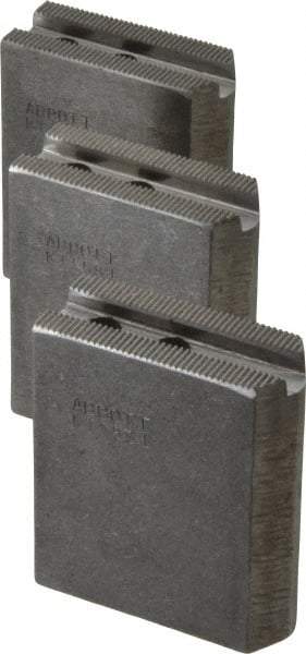 Abbott Workholding Products - 5" & Up Chuck Capacity, 1.5mm x 60° Serrated Attachment, Square Soft Lathe Chuck Jaw - 3 Jaws, Steel, 0.7087" Btw Mount Hole Ctrs, 2-1/2" Long x 1" Wide x 3" High, 0.3937" Groove, 0.315" & 8mm Fastener - Strong Tooling